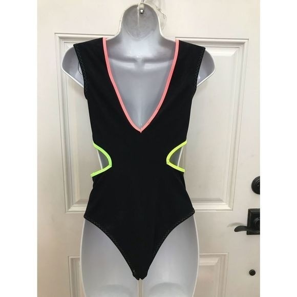 Zara Women’s Black Cut Out Piping Neón Trim Zip Front Cheeky Swimsuit Sz S NWT - Picture 8 of 14